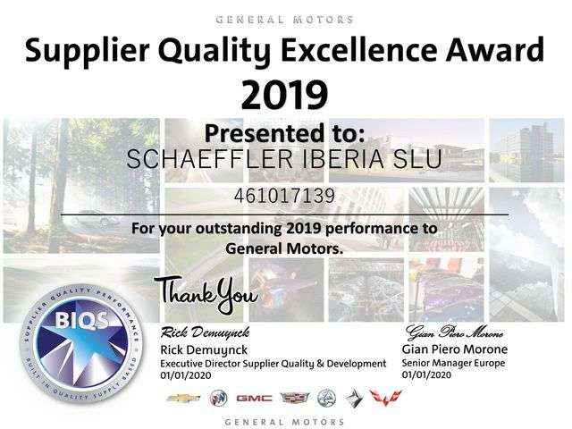 Schaeffler Iberia recibe el Supplier Award de General Motors