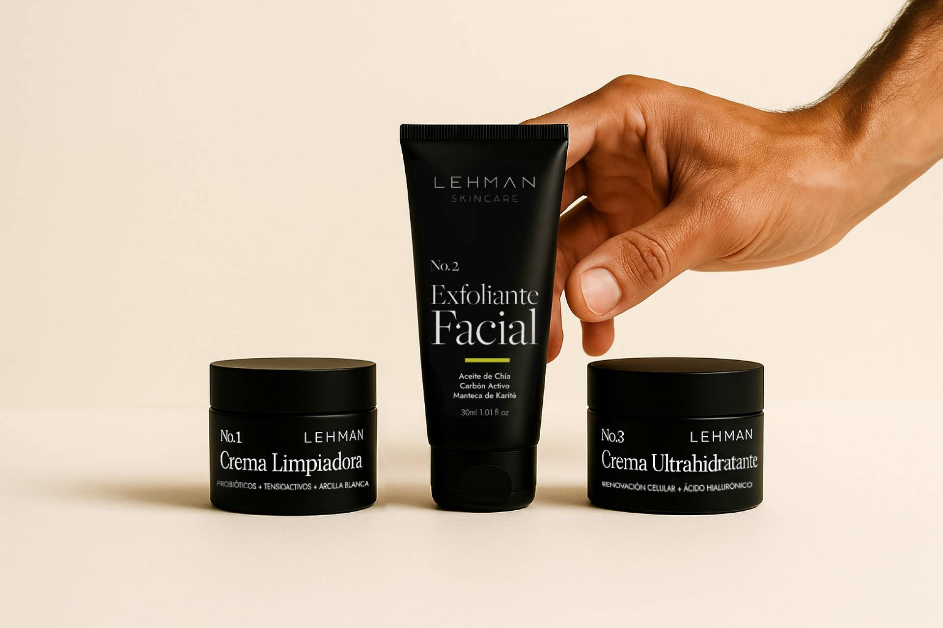 Lehman firma una nueva lectura del skincare masculino; diseño sobrio y fórmulas limpias